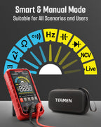TESMEN TSM-599 Smart Digital Multimeter, Auto&Manual Measurement, TRMS 6000 Counts, Voltmeter with NCV, Voltage&Current, Resistance, Continuity, Diode, Capacitance, Hz%, Temperature, Live Wire - Red