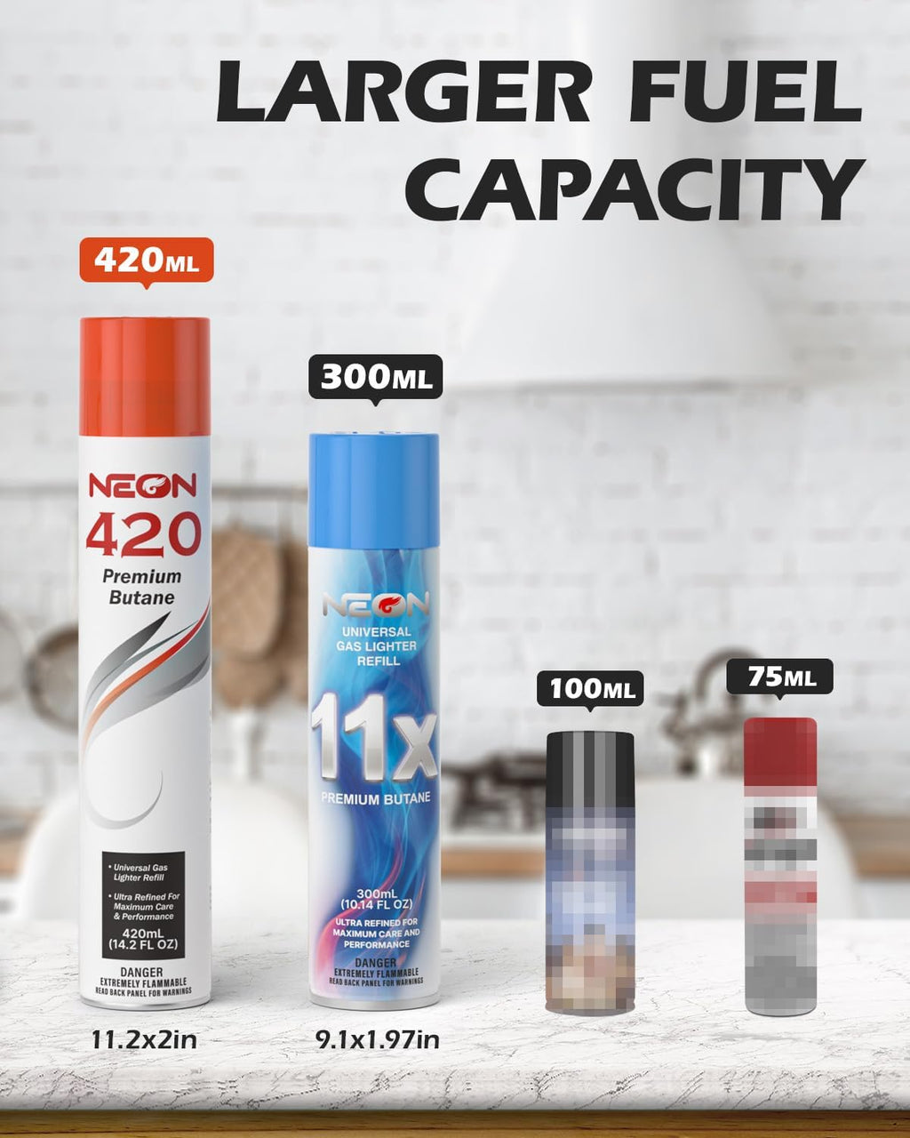 NEON Butane Refill 420ml, 11X Ultra Refined 0 Impurities Butane Fuel, Premium Universal Lighter Fluid with Metal Nozzle and 5 Butane Gas Refill Adapters for Refillable Lighters and Torches, 12 Cans