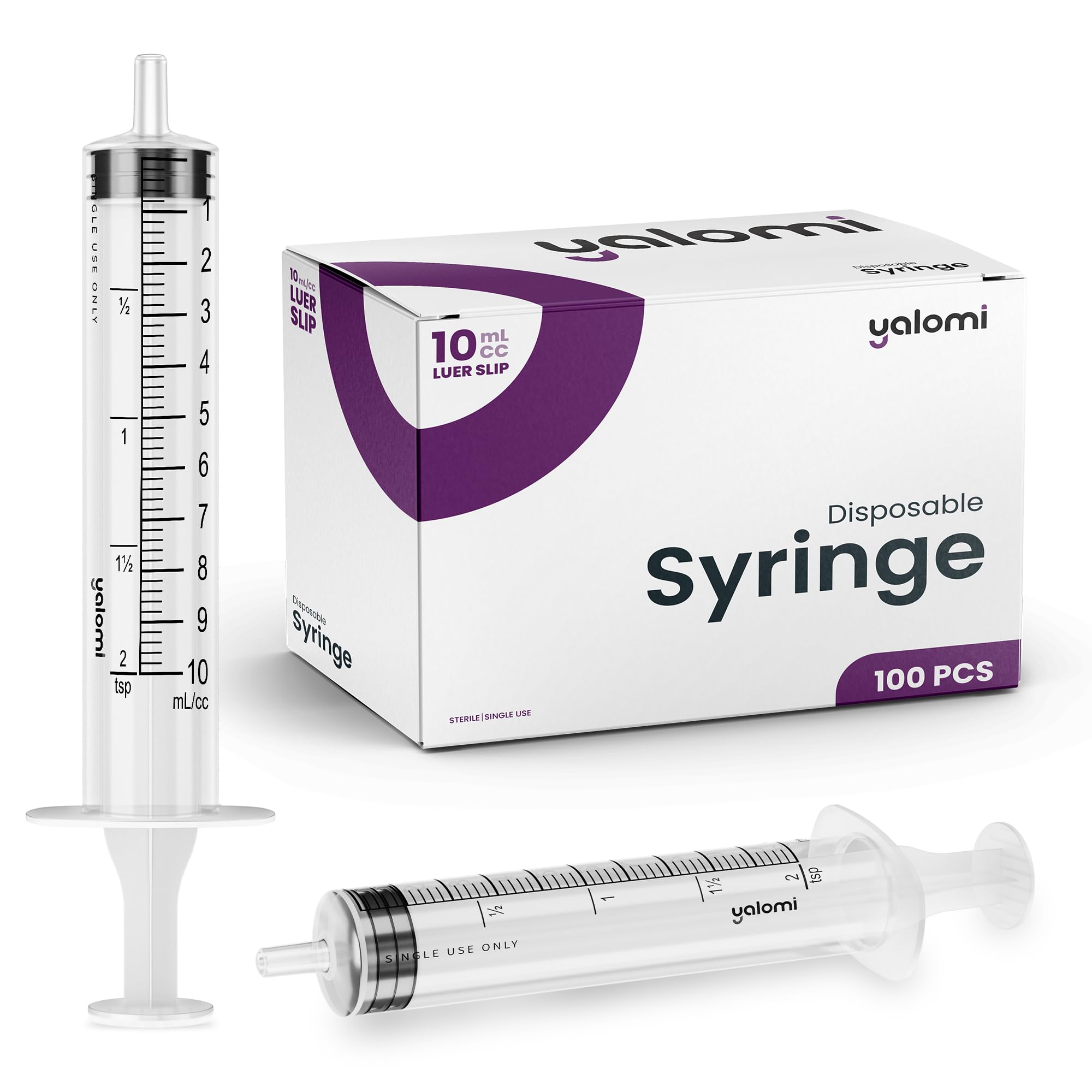 10mL Luer Slip Syringe (No Needle) | Sterile & Individually Wrapped | Professional, Industrial & Personal Use | 100 Pack | Yalomi
