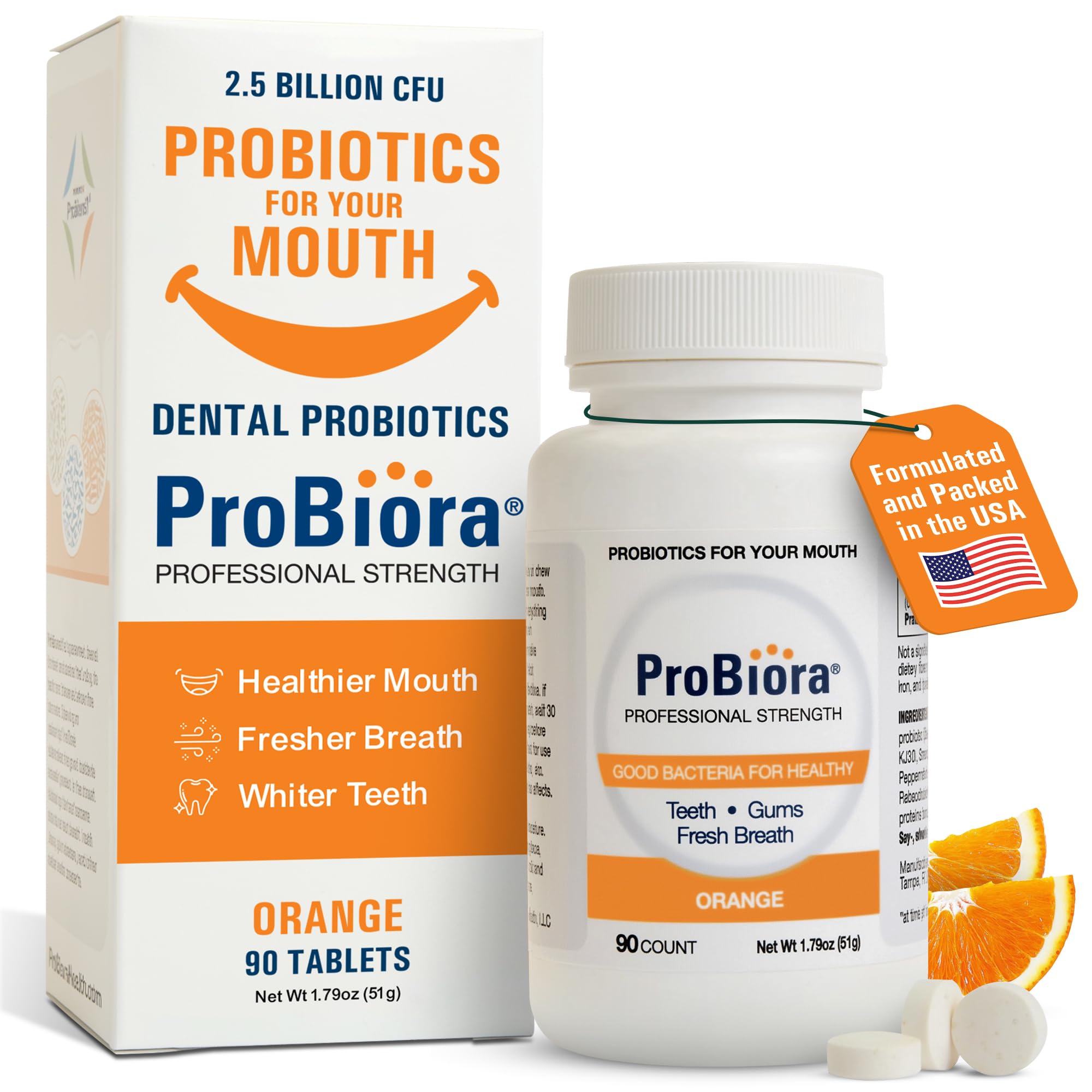 ProBiora Professional Strength Oral Probiotics for Teeth and Gums | Dental Probiotic for Oral Health | Bad Breath Treatment for Adults | Tooth Whitening | ProBiora3 Probiotic Blend | 90 Orange Tablets