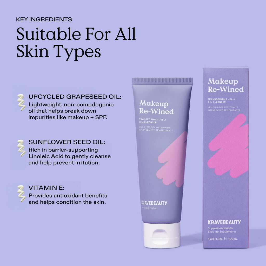 KraveBeauty Makeup Re-wined Cleansing Oil Makeup Remover, Transforming Jelly Oil Cleanser Dissolves Waterproof Makeup & SPF with Sunflower & Grape Seed Oils, Fragrance Free, 100 mL
