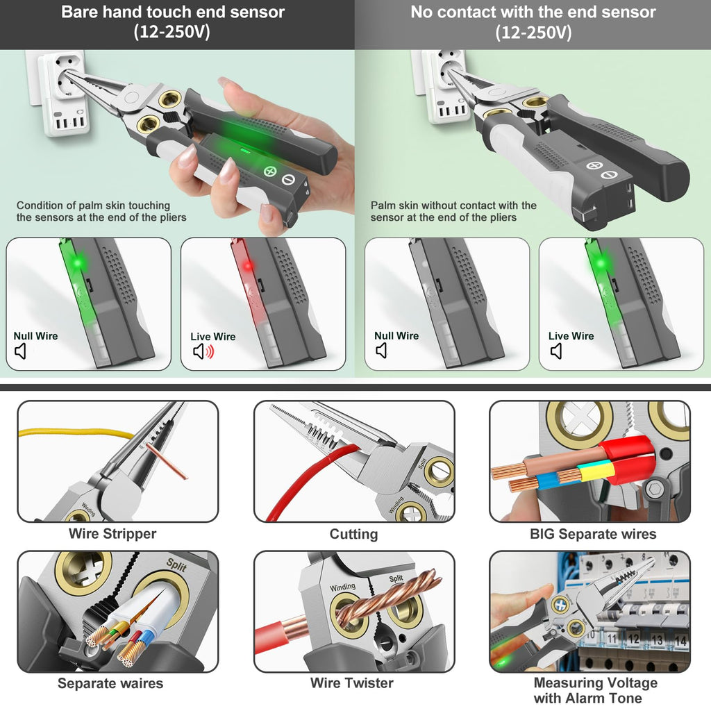 GADO Pro 8-in-1 Wire Stripper/Cutter with Voltage Tester & Dual Alarms - Heavy Duty 12-250V AC/DC Electrical Tester for Hot/Neutral Wires - Electrician, HVAC, Car Repair Tool (Gray)