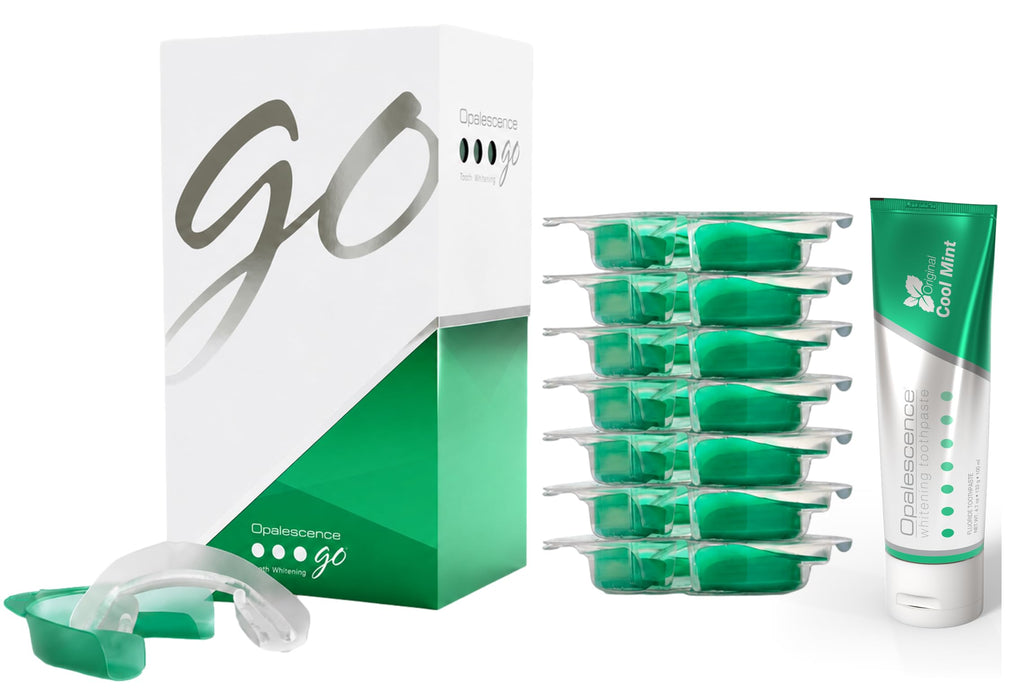 Opalescence GO 15 Whitening Bundle - (7 Treatments) Hydrogen Peroxide Prefilled Teeth Whitening Trays and Travel Original Whitening Toothpaste 1 Oz - Mint Flavor - 6238-1