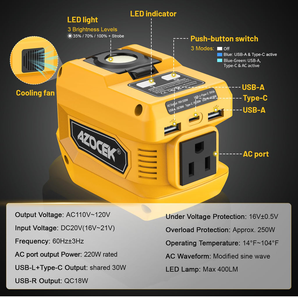 220W Azocek Power Inverter Compatible with Dewalt 20V Battery (Battery not Included), DC 20V to AC 110V, 2 USB Ports & 1 Type-C Fast Charging, 400LM LED Work Light (2-Pack)