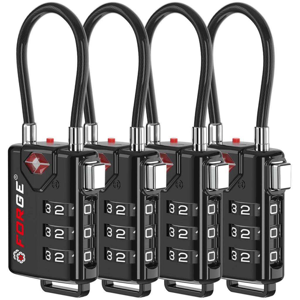 Forge TSA Approved Luggage Locks, Open Alert Cable Lock, Black, 4 Pack