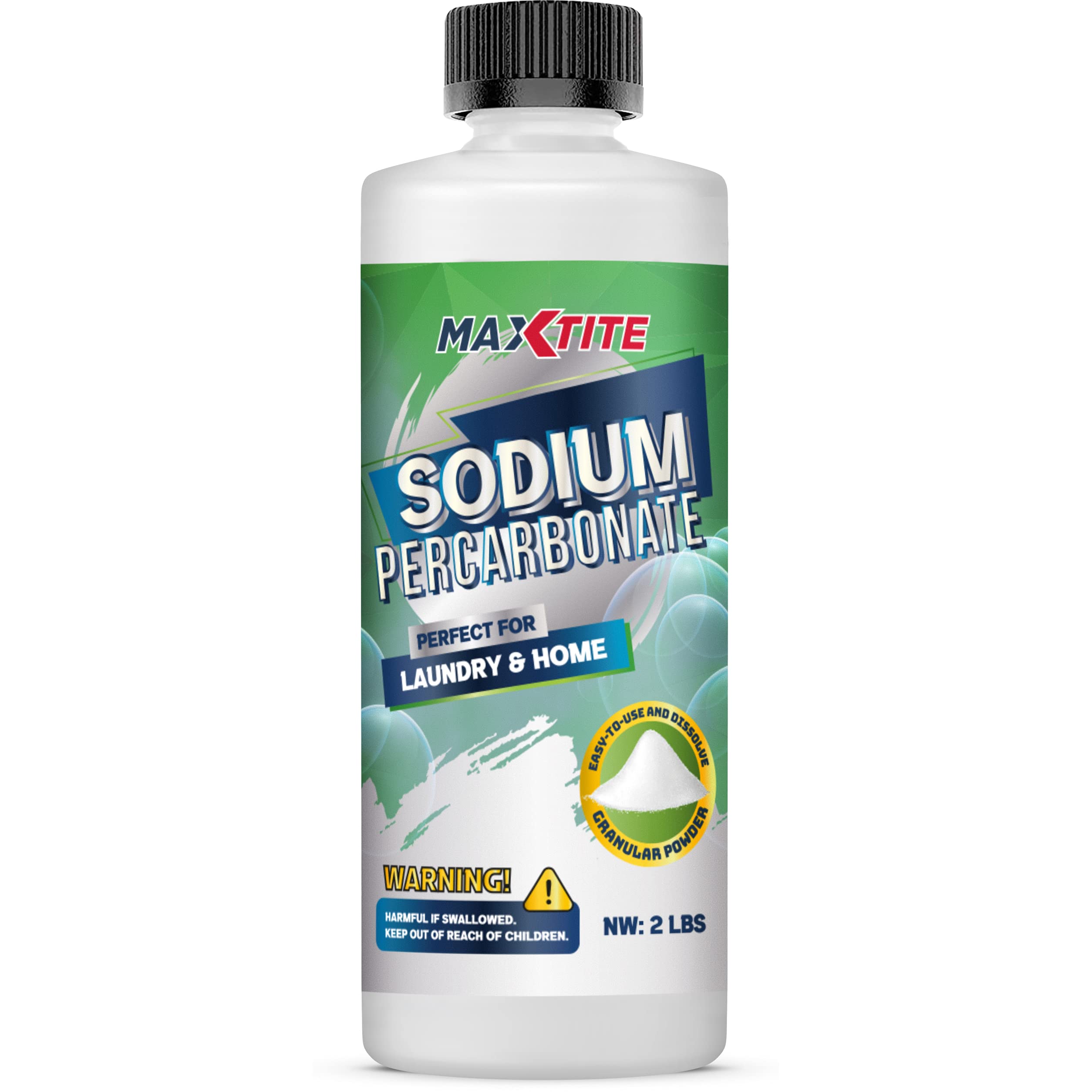 MAXTITE Sodium Percarbonate (2 lbs) - 100% Pure - Solid Hydrogen Peroxide/Oxygenated Bleach - Multi-Use Cleaner for Home & Laundry - HDPE container w/Resealable Child Resistant Cap