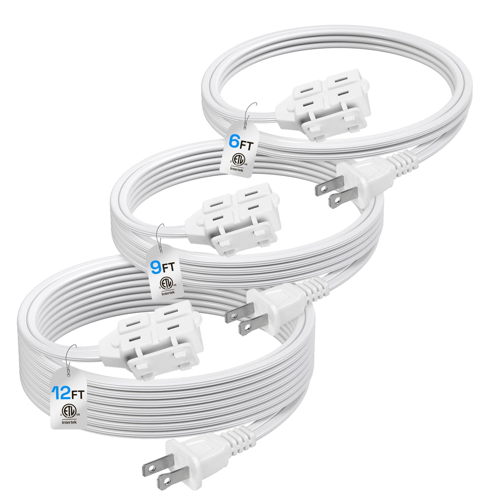 BN-LINK 3-Outlet Indoor Extension Cord, 6/9/12 ft Variety 3-Pack, 16/2 SPT-2, 2 Prong Polarized Plug, White Household Power Cord for Home, Office & Holiday Decorations