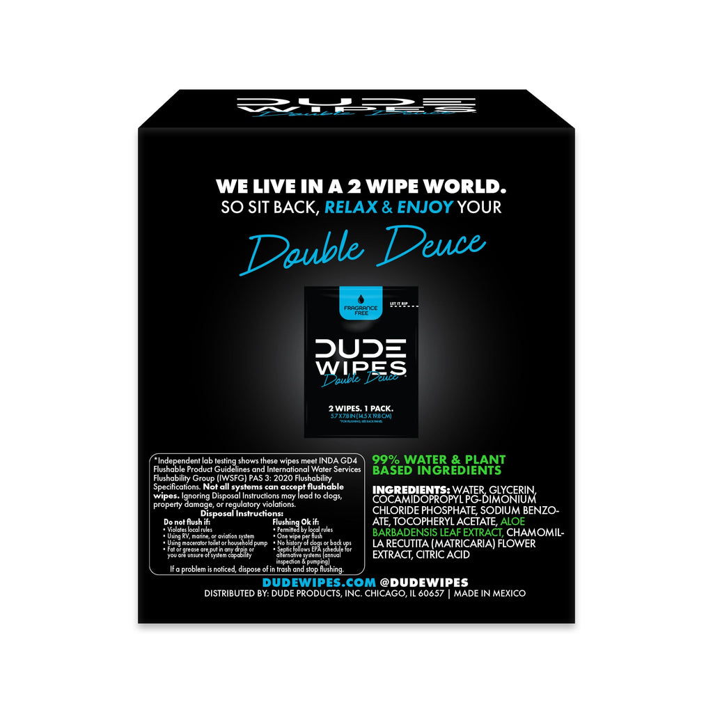 DUDE Wipes Double Deuce Unscented Travel Wipes - 2 Wipes per Pack (40 packs, 80 Count) - On-The-Go Adult Flushable Wipes for Sensitive Skin - Infused with Vitamin E and Aloe - Septic and Sewer Safe
