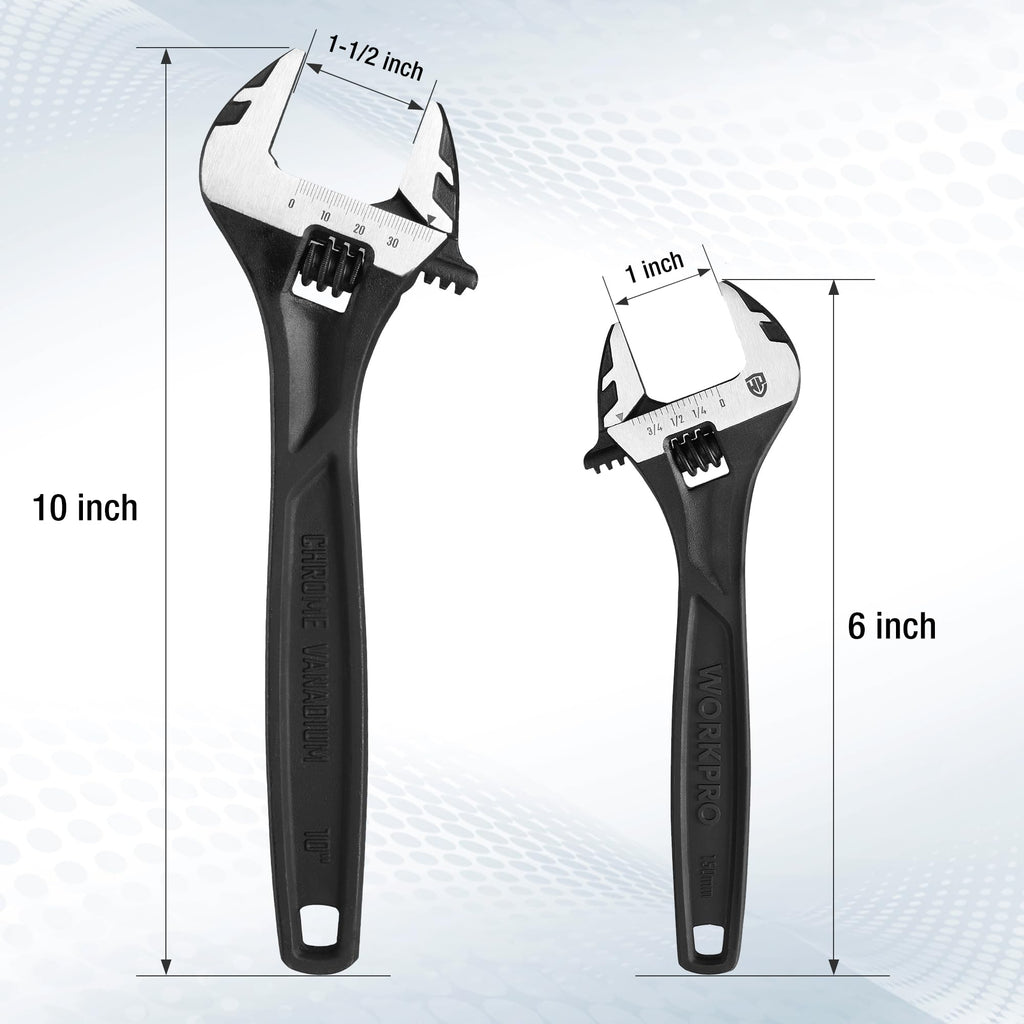 WORKPRO 2-piece Adjustable Wrench Set, 6-Inch & 10-Inch Wrenches, Cr-V Steel, Wide Jaw Wrench with Metric & SAE Scale, good for Home, Garage, Workshop