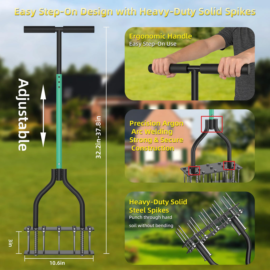 Lawn Aerator Tool with Dual-Layer Self-Cleaning Spikes, 15 Spike Heavy Duty Manual Lawn Aerator for Compact Soil, Anti-Clog Grass Aerator for Yard, Garden & Lawn Care