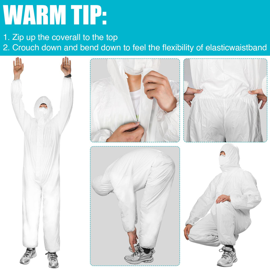 FURWEY Hazmat Suits 10 Pack Disposable Protective Coveralls, Heavy Duty Full Body Painters Suit for Men & Women with Elastic Wrists, Ankles and Hood, Available in 4 sizes-Large