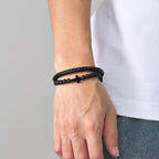 Mens Cross Bead Braided Genuine Leather Bracelet, Black Gemstone Agate Onyx Beaded Rosary Obsidian Bangle, Faith Religious Easter Catholic Christian Communion Baptism Christmas Jewelry Gift for Men