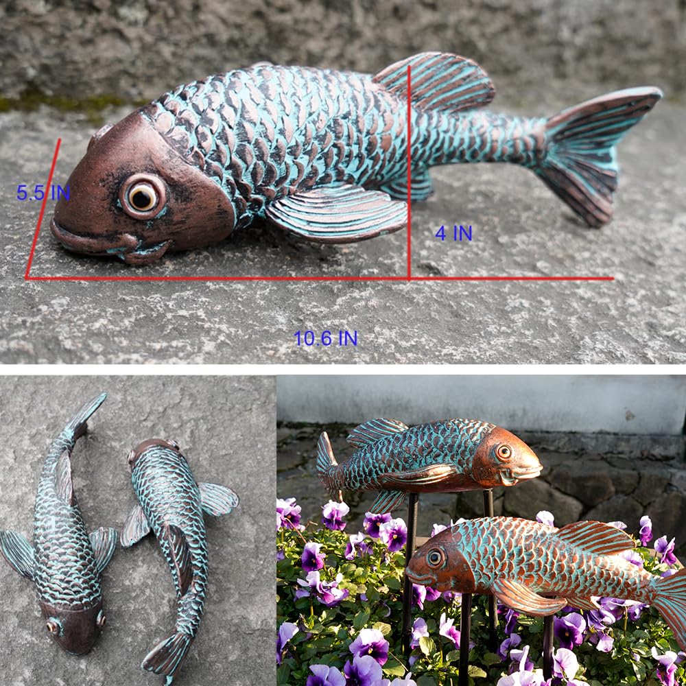Tooyuart Garden Sculptures & Statues,Koi Fish Decor,Garden Fish Art,Set of 2 Antique Koi Fish Yard Art Decor for Outdoors,Patio,Yard,Lawn,Pond,Home Decoration (Bronz)