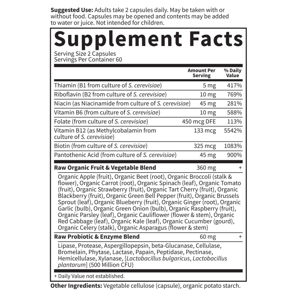 Garden of Life Vitamin B Complex, 120 Vegan Capsules, High Potency Vitamins for Energy & Metabolism with B6, Folate & B12 as Methylcobalamin Plus Probiotics