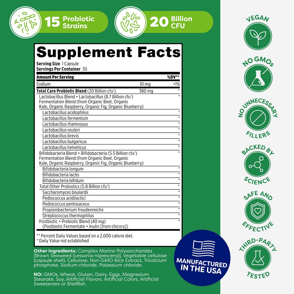Probulin Total Care Probiotic Supplement, Daily Gut, Digestive, and Immune Health Probiotics Capsules for Men and Women, 20 Billion CFU, Vegan, 30 Count Box