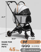 GTPLAYER Pet Stroller for Small Dogs and Cats, One-Click Foldable, Detachable Carrier, Breathable Mesh, 45 lbs Capacity, 2 Safety Leashes, Storage Basket & Cup Holder, Grey