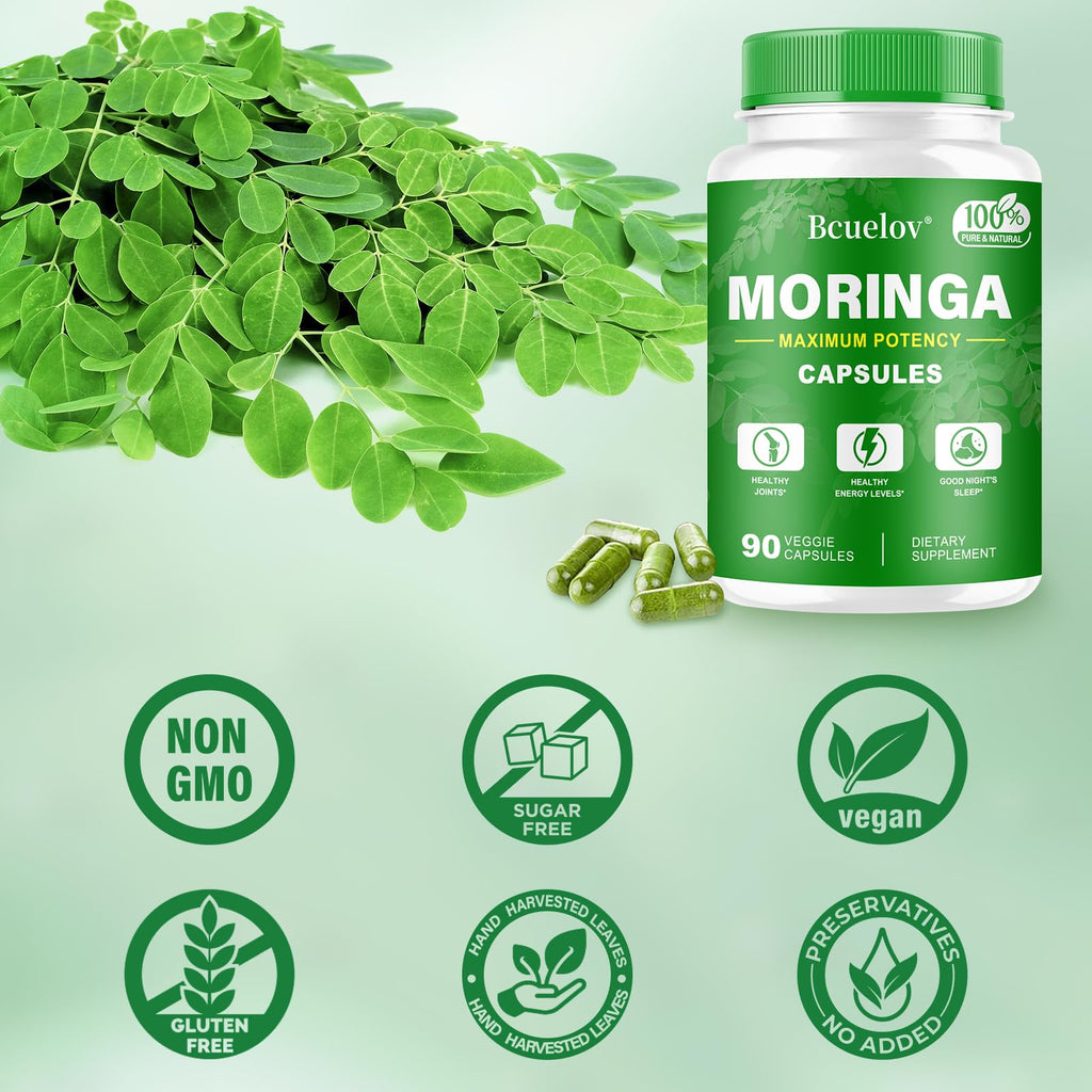 Bcuelov Moringa Capsules 2 Bottles | 800mg Pure Moringa Powder Capsules – Supports Energy, Immune Support, Gut Health, Green Superfood Contains Vitamins & Amino Acids