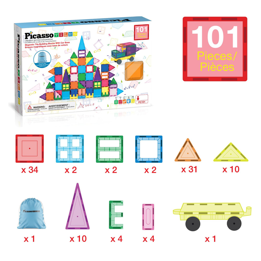 PicassoTiles 101 PCs Magnetic Tiles Building Blocks with Car & Drawstring Carry Bag Toy Storage Magnet Block for Toddlers Kids STEM Toy Set Educational Tile Learning Brain Development Ages 3+ PC101