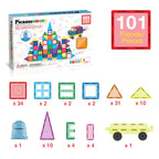 PicassoTiles 101 PCs Magnetic Tiles Building Blocks with Car & Drawstring Carry Bag Toy Storage Magnet Block for Toddlers Kids STEM Toy Set Educational Tile Learning Brain Development Ages 3+ PC101
