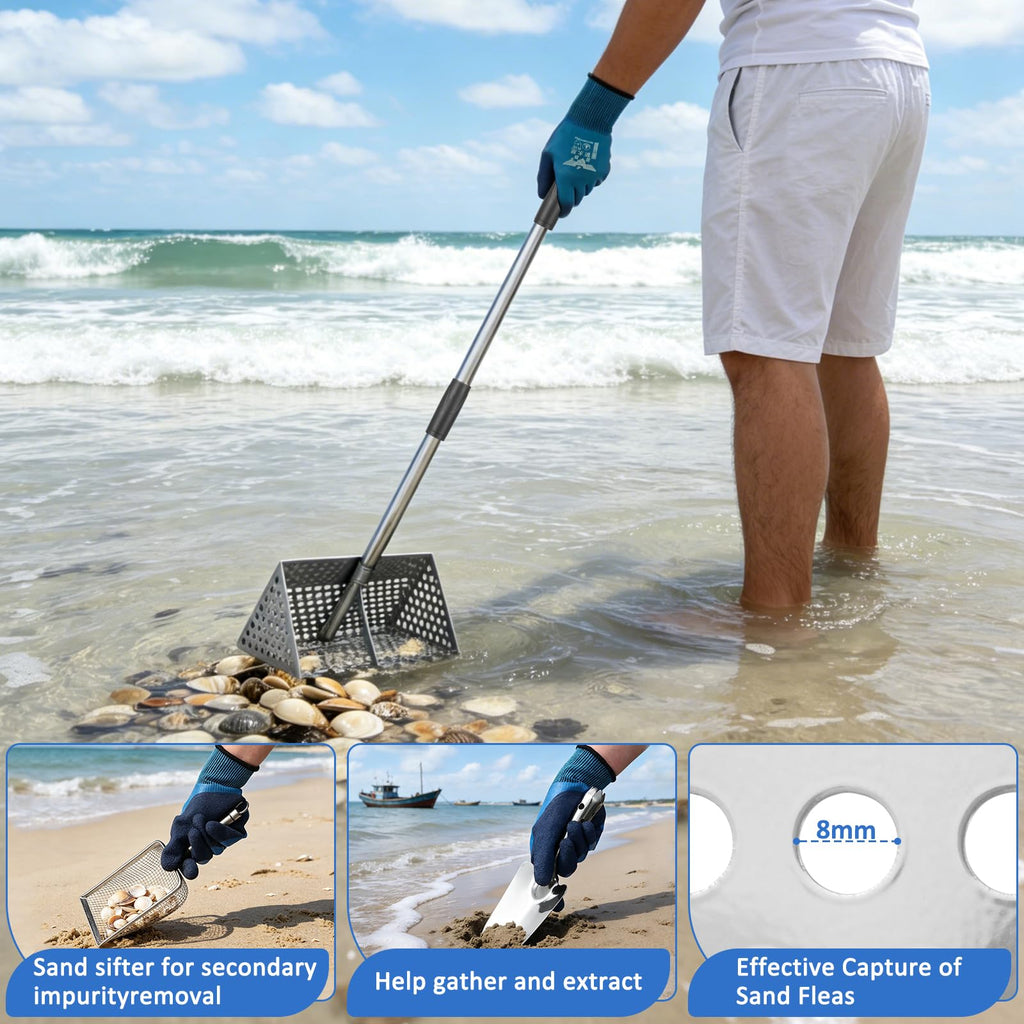 Sand Flea Rake, Shark Tooth Sifter ,65" Long Handle Stainless Sand Sifter