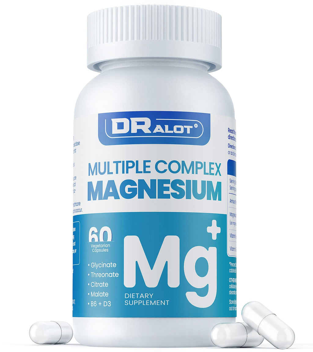 Quadruple Magnesium Supplement, 400mg of Chelate Magnesium Glycinate, L-threonate, Citrate & Malate | Max Absorption Complex w/Vitamin D3 & B6, for Sleep Heart Muscles Nerves, Non-GMO, 60 Vegan Caps