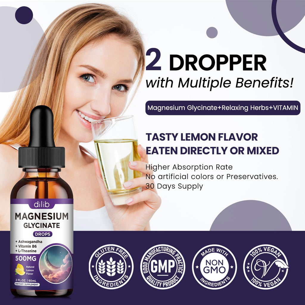 Magnesium Glycinate Supplement, Magnesium Liquid Drops with Magnesium Glycinate 500mg Vitamin B6, Ashwagandha, L - Theanine, Chamomile -Support Stress Relief, Bone, Muscle, Mood Vegan