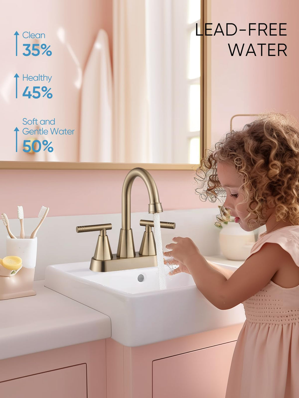 Cobbe Bathroom Faucets for Sink 3 Hole, 4 Inch with Pop Up Drain and 2 Supply Hoses, 2 Handle Centerset Bathroom Faucet for Sink Vanity, Brushed Gold, 2 Pack