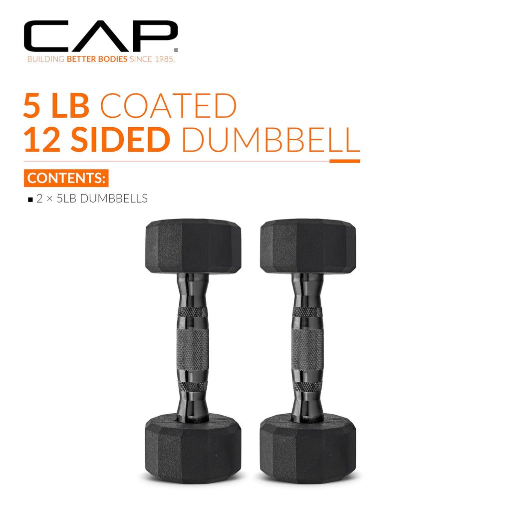 CAP Barbell 12-Sided Coated Dumbbell with Black Handle, Pair, 5 LB