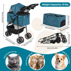 Pet Stroller,Dog Stroller for Small Medium Dogs Cats,3 Wheels,Foldable,with Breathable Mesh Canopy,Cup Holders,Easy Assembly,Green