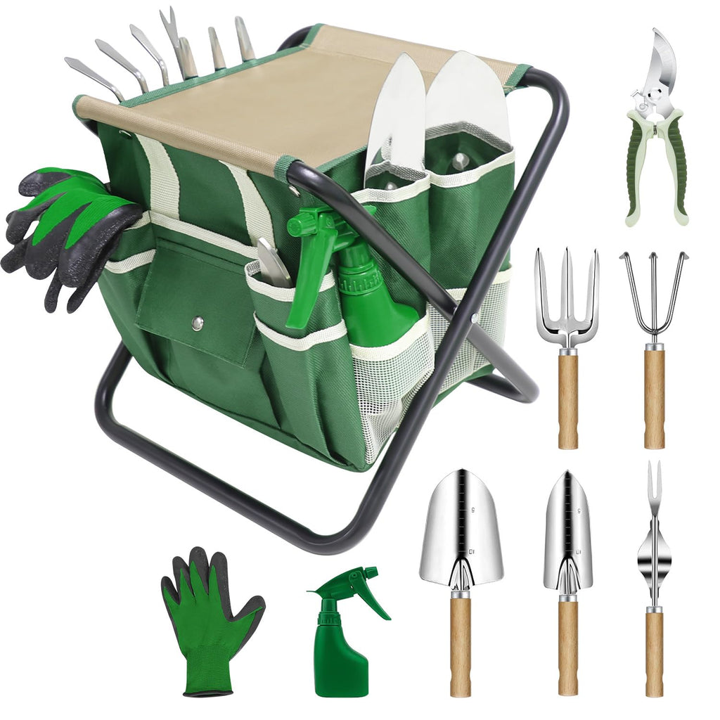 HoHaing Garden Tool Set, 10 Piece Kit with Heavy Duty Folding Stool, Detachable Storage Tote Bag, Stainless Steel Tools, Gifts for Women Men Green