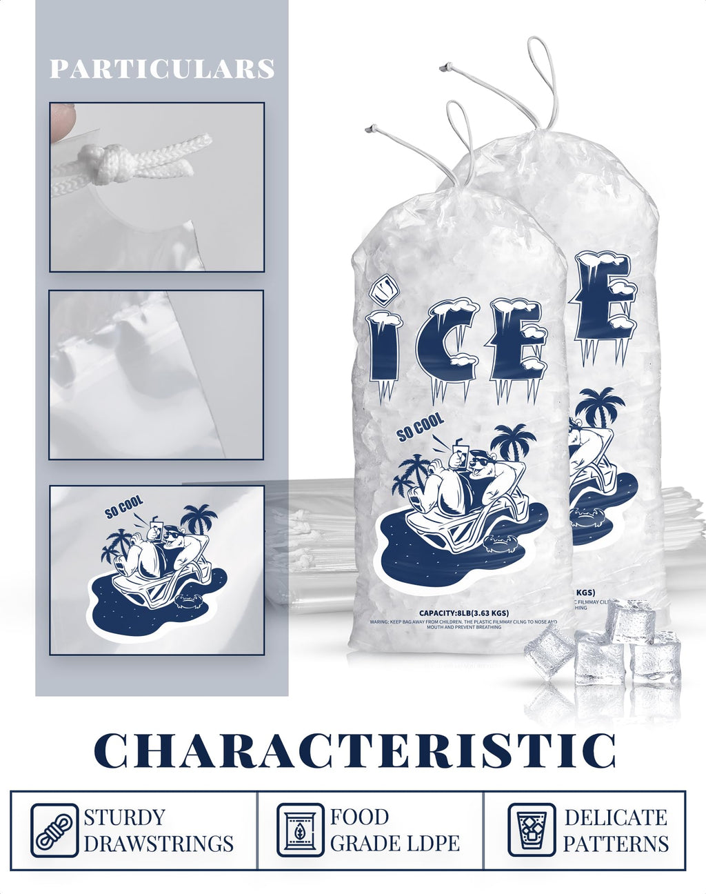 FireKylin 50 Pack Ice Bags 10 lb, Heavy-Duty Ice Bags with Drawstring,Portable Ice Cube Storage and Freezer Keeper (2 Mils Thickness)