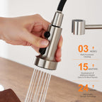 TIORIY Pull Down Spray Head Replacement - for Kitchen Faucet Sprayer Head with 15 Adapters, 3 Function Pull Out Faucet Spray Nozzle, Brushed Nickel