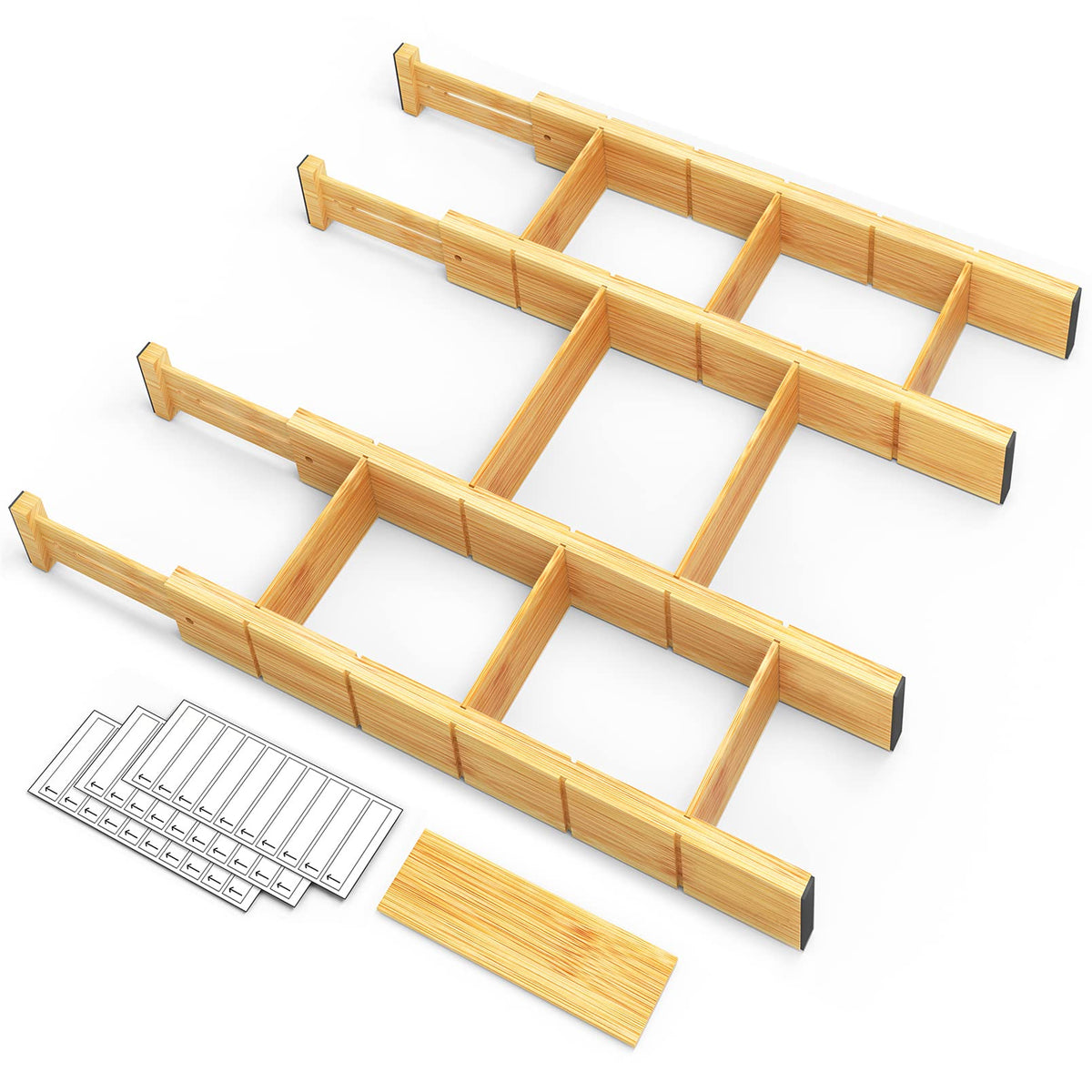SpaceAid Bamboo Drawer Dividers with Inserts and Labels, Kitchen Adjustable Drawer Organizers, Expandable Organization for Home, Office, Dressers, 4 Dividers with 9 Inserts (17"-22" Natural)