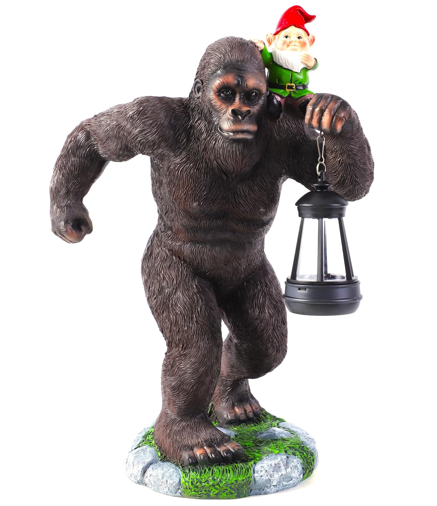 Solar Bigfoot Garden Statue with Gnome & Lantern, 16 Inch Sasquatch Decor