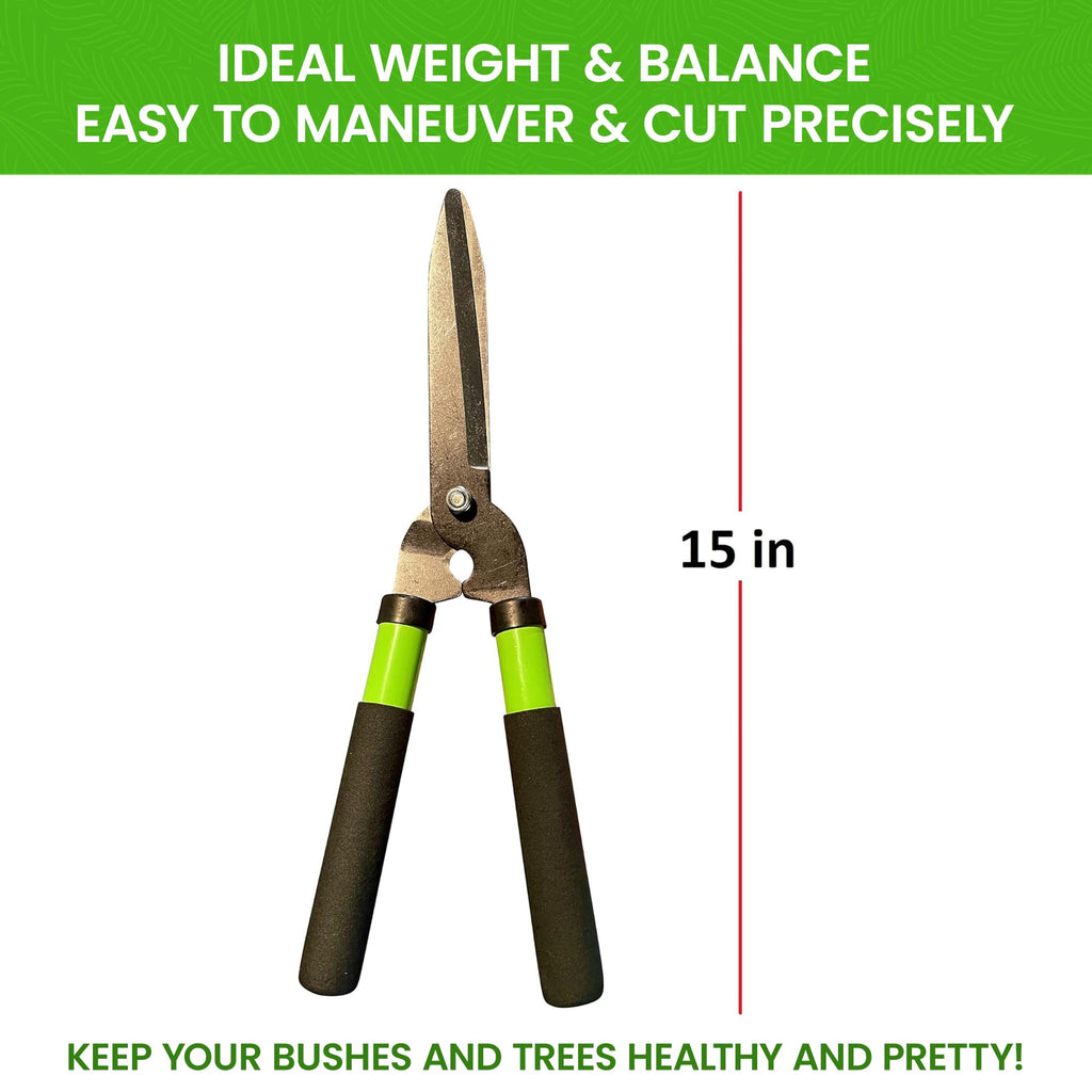 GARDEN GURU Hedge Shears Clippers for Trimming & Shaping Borders, Boxwood, Decorative Shrubs, Bushes, Grass – 15 inch High Carbon Steel Gardening Hedge Clippers & Shears with Comfort Grip Handles