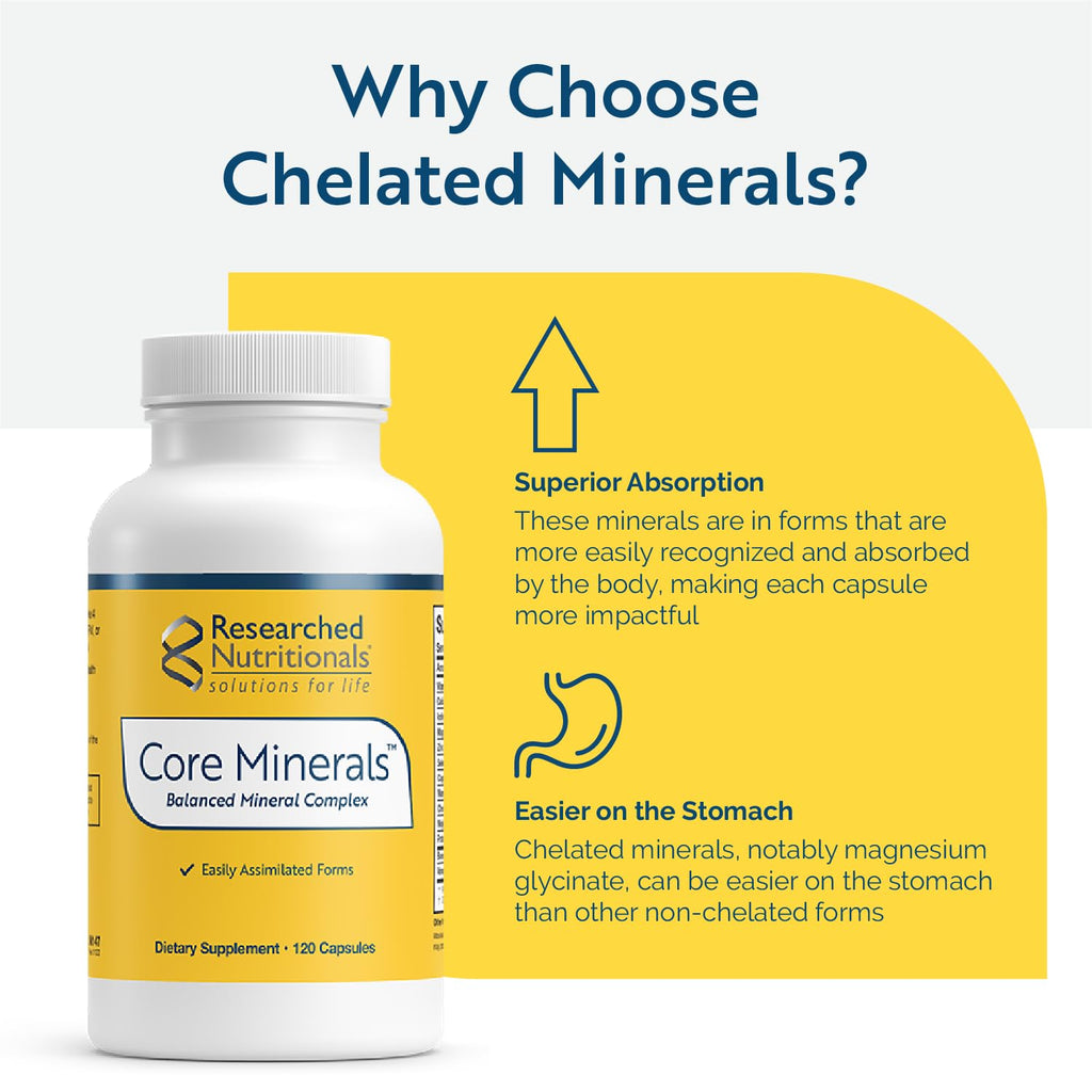 Researched Nutritionals Core Minerals - Daily Trace Minerals Supplement - Iron-Free Blend with Vitamin D3, Magnesium Glycinate & Iodine for Thyroid, Bone & Metabolic Support (120 ct)
