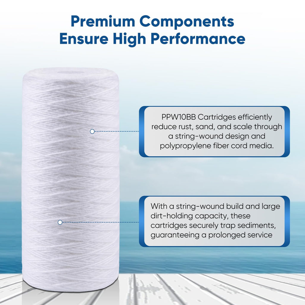 PUREPLUS 5 Micron 10 x 4.5 Whole House String Wound Sediment Filter for Well Water, Replacement Cartridge for 84637, WPX5BB97P, PC10, 355214-45, 355215-45, WP10BB97P, WP5BB97P, 4Pack