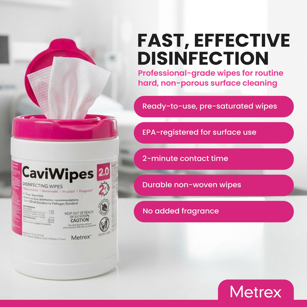 Metrex – CaviWipes 2.0 Disinfecting Wipes for Healthcare, Dental & Clinical Use – Manual Pull, Pre-Moistened, Non-Sterile, Disposable 6" x 6.75" – 160 Wipes per Canister, 12 Canisters/Case