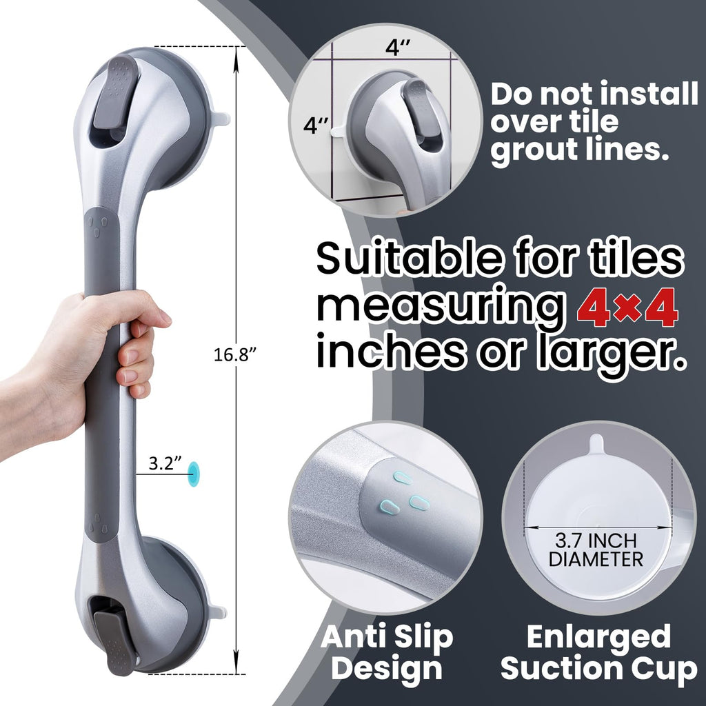 TAILI Shower Grab Bar 2 Pack 16 Inch Suction Grab Bars for Bathtubs & Showers, Heavy Duty Shower Handle Removable Shower Handrails for Elderly and Seniors, No Drilling Waterproof, Silver