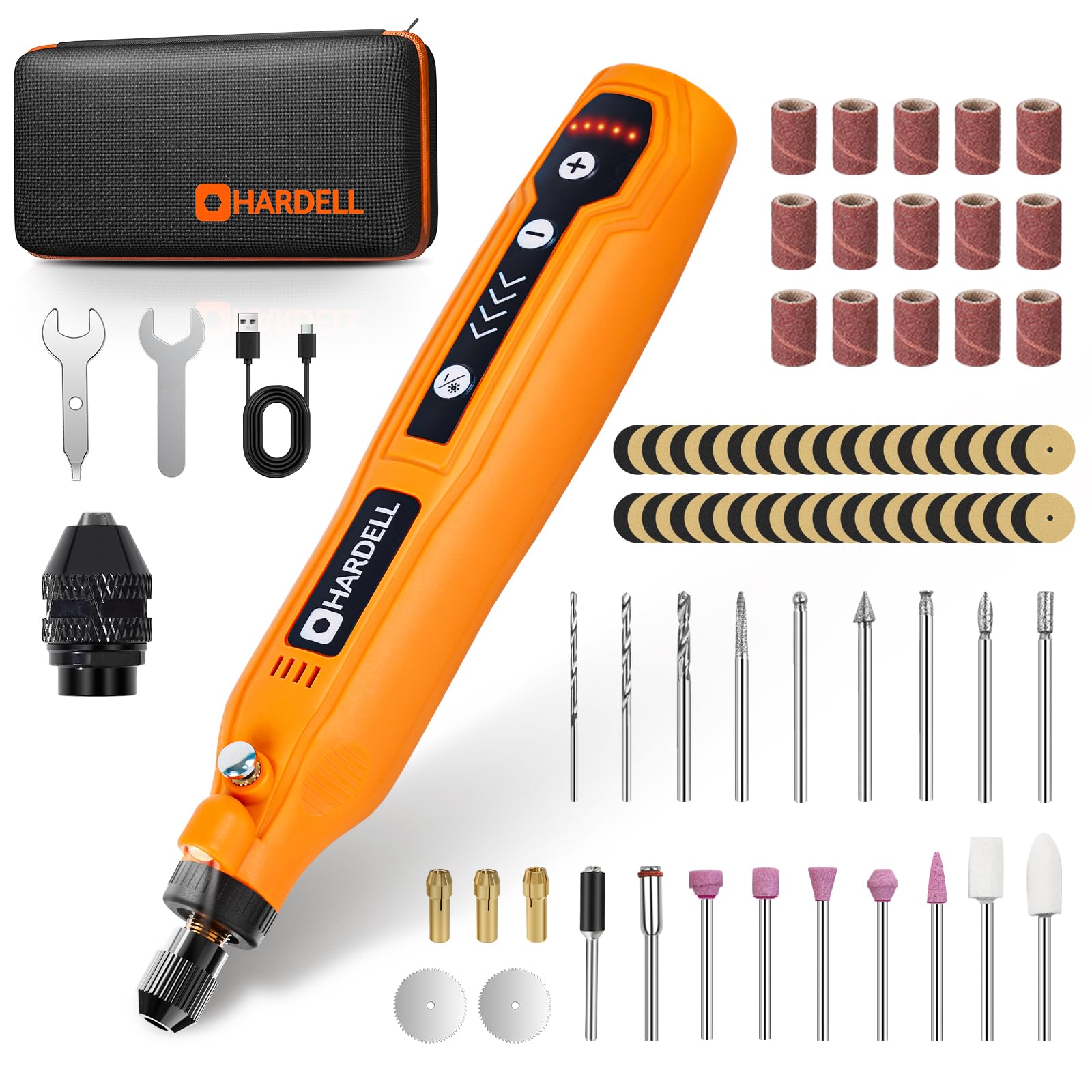 HARDELL Cordless Rotary Tool 3.7V with Universal Chuck, 5-Speed Mini Rotary Tool Kit with 71 Accessories, USB Charging, Multi-Purpose DIY Craft Tool for Sanding, Polishing, Drilling, Engraving(Orange)