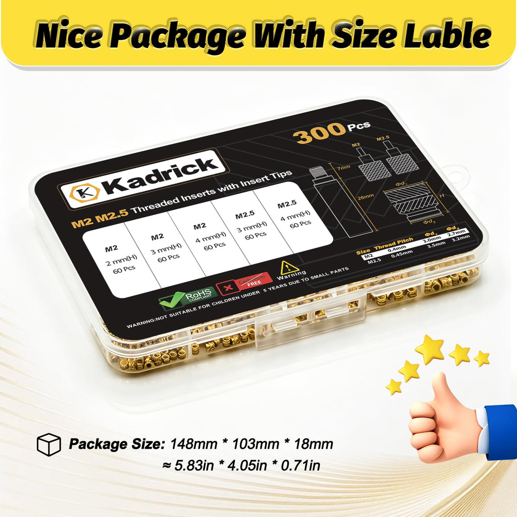 KADRICK 300PCS M2 M2.5 Heat Set Inserts Kit,M2*3/4/5mm*3mm M2.5*3/4mm*3.5mm