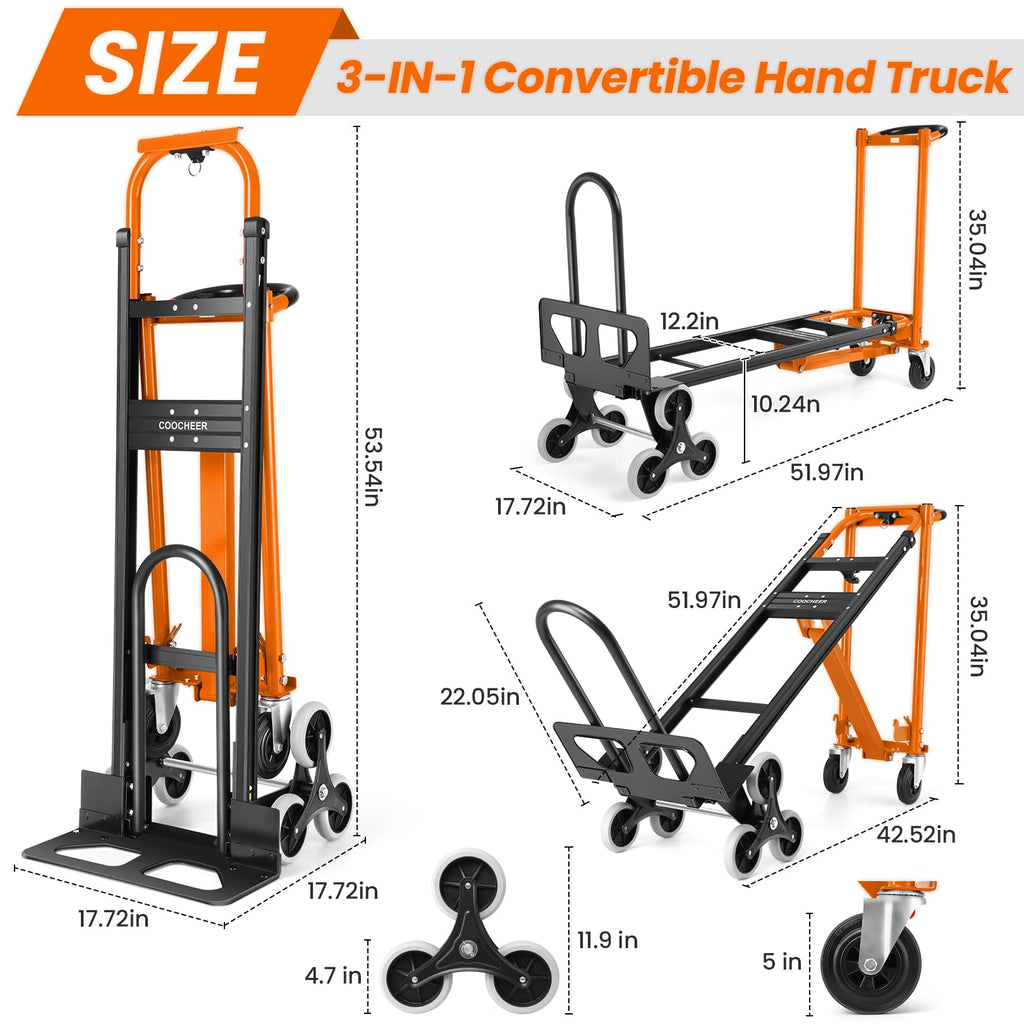 4-in-1 Hand Truck Dolly Heavy Duty Industrial Convertible, 1000 LBS Stair Climbing Cart Utility Cart Converts from Hand Trucks Dolly to Platform Cart Folding Stair Climbing Cart (Orange)