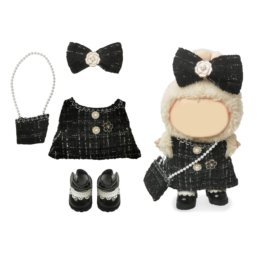 Clothes Compatible with LABUBU Doll – 4PCS Black Tweed Dress Set, 17cm Doll Clothes Designer Outfit for Classic Dinner Party Theme, Stylish Accessories for Labubu, No Doll (Midnight Tweed Charm)