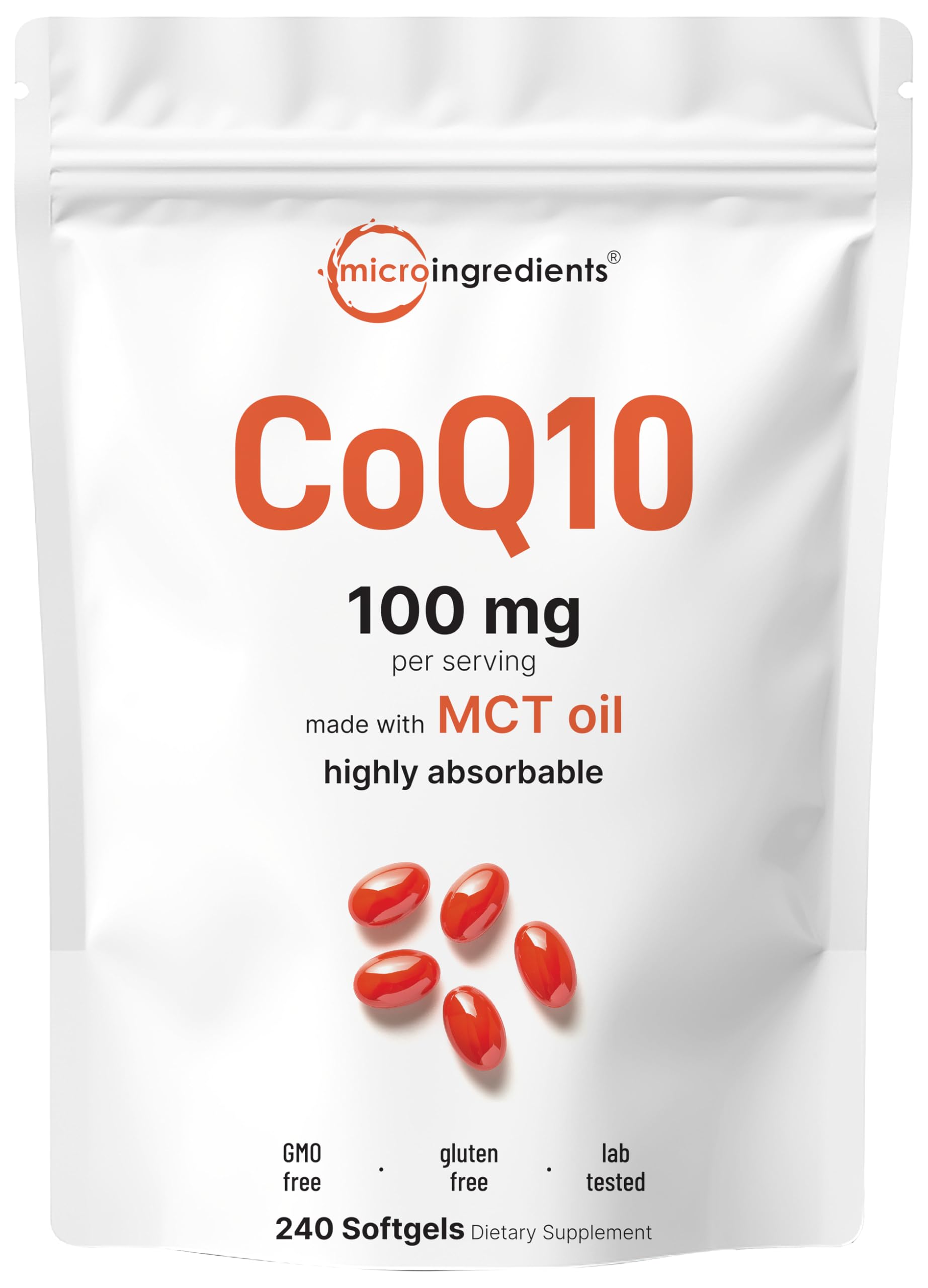 Micro Ingredients CoQ10 100mg Per Serving | 240 Softgels Made with Coconut MCT Oil | High Absorption Coenzyme Q10 as Ubiquinone | Non-GMO