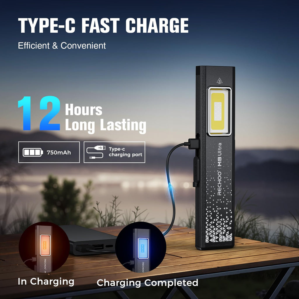 RECHOO Flat EDC Flashlight Rechargeable, 8-Mode Slim Pocket Flashlight with Magnetic Base & Clip, Lightweight Mini Rechargeable Flashlights for Everyday Carry, Working, Camping, Car Repair & Emergency