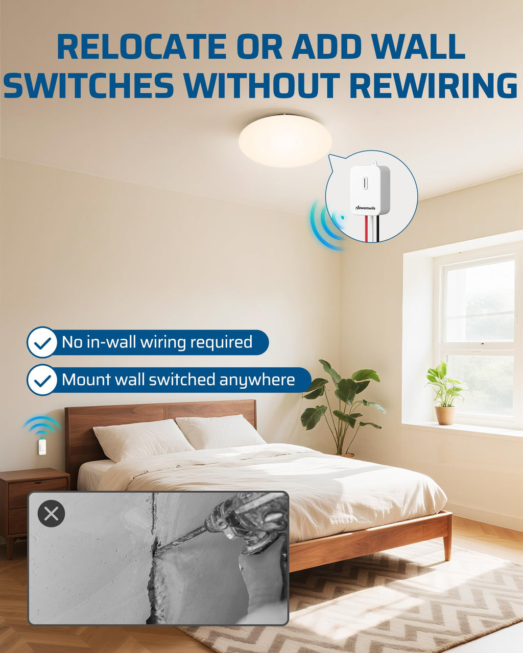 DEWENWILS Wireless Light Switch and Receiver Kit, 15A/1875W High Power, No Wiring, Magnetic Remote Control, 100FT Range, Programmable, for Ceiling Lights, Fans, Lamps