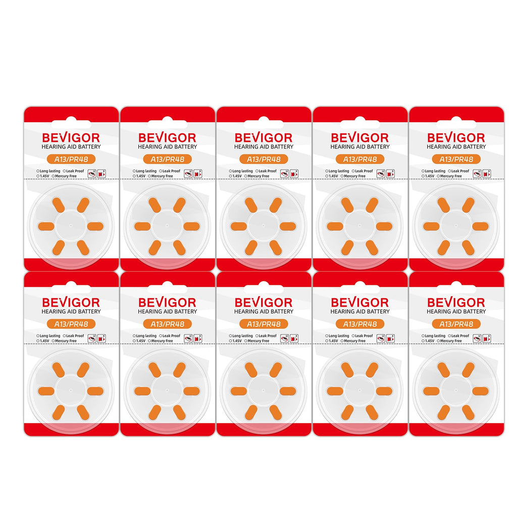 BEVIGOR Hearing Aid Batteries Size 13, Mercury Free (60 Count), Zinc Air Batteries, Easy to Open and Carry, 1.45V, Long Lasting Batteries