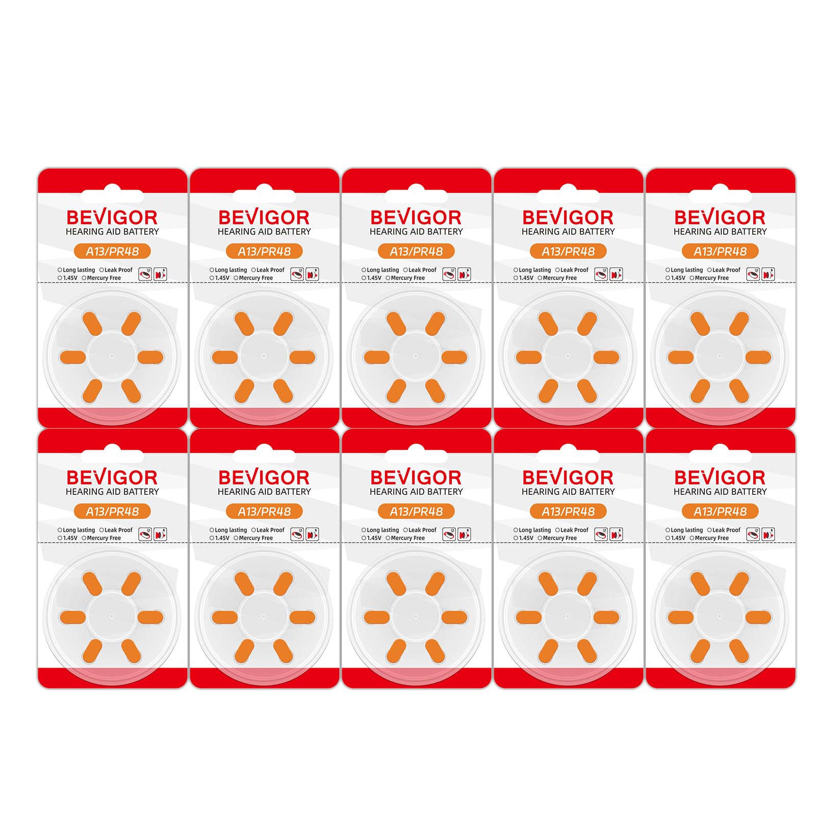 BEVIGOR Hearing Aid Batteries Size 13, Mercury Free (60 Count), Zinc Air Batteries, Easy to Open and Carry, 1.45V, Long Lasting Batteries