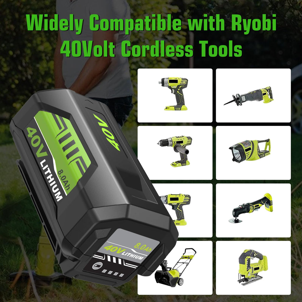 2Pack Upgraded to 8000mAh Replacement for Ryobi 40V Battery and Charger OP401 Combo, Compatible with Ryobi 40Volt Battery Lithium ion OP40261 OP40404 OP4050A OP40602 OP4075A Cordless Tools