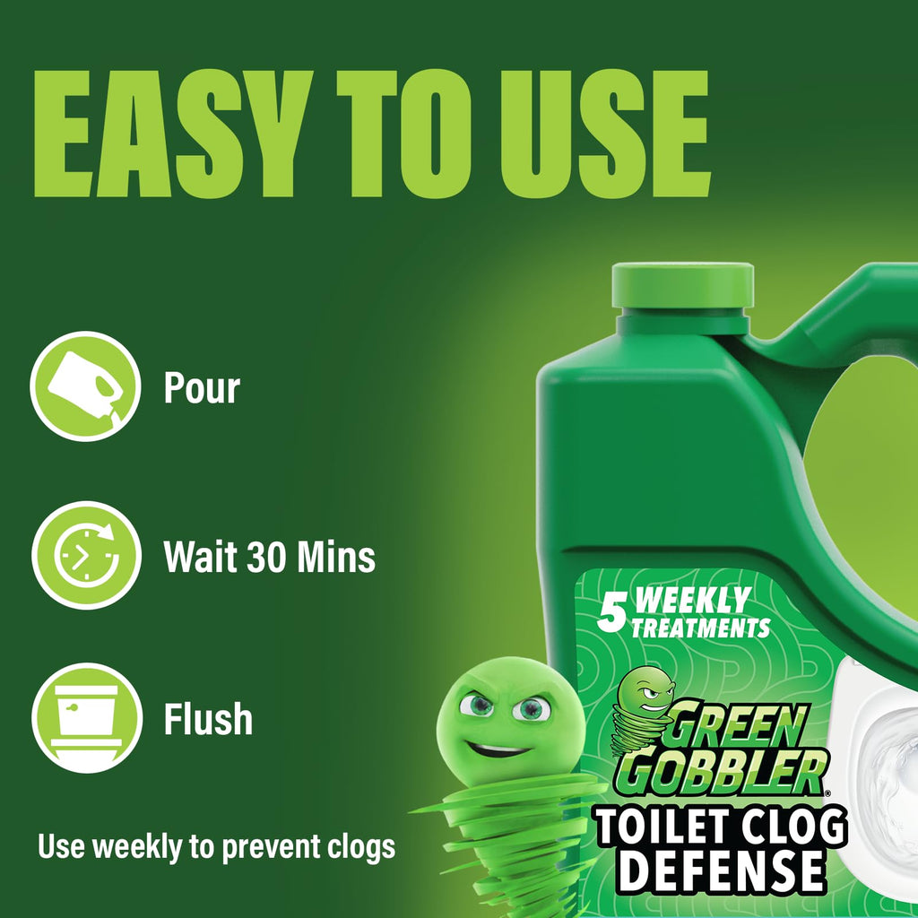 Green Gobbler Toilet Clog Defense - Coats Pipes to PREVENT Toilet Clogs and Improves Flush Performance - Safe for Septic - Great for Old Plumbing, Low & Slow Flow Toilets, 5 Treatments, 60 oz